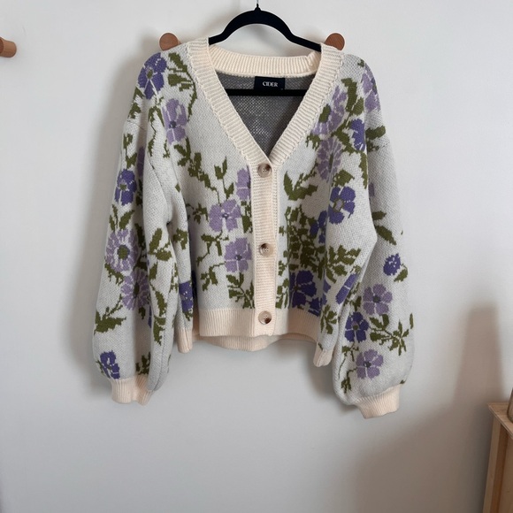Cider Sweaters - Cider Cream and Purple Floral Cardigan